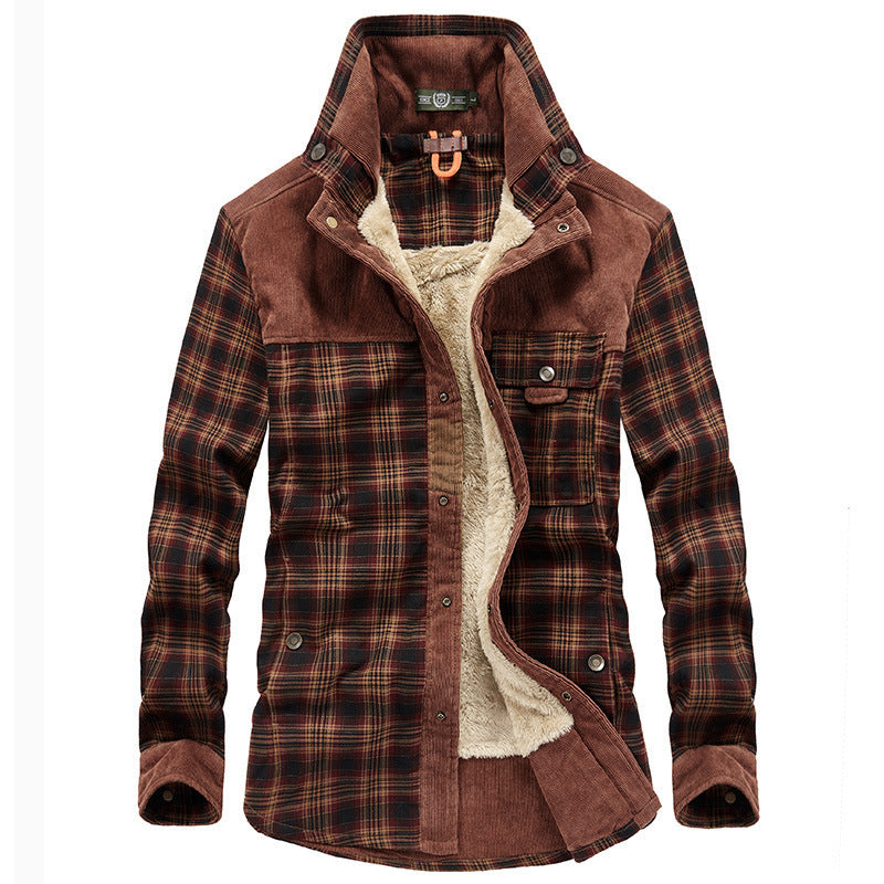 Men's Fleece-lined Thickened Long-sleeved Plaid Shirt Warm Business Casual Fashion Cotton Shirt Coat Men's Cross-border