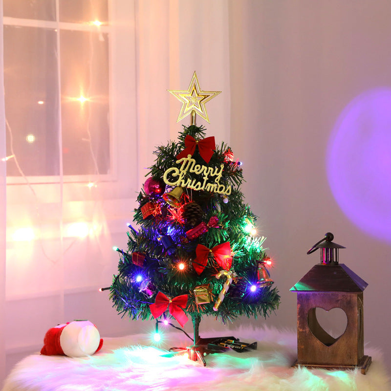 Mini Christmas Tree With Lights Small Accessories Bow Bells Pine Cone Gifts Christmas Desktop New Year Decorations