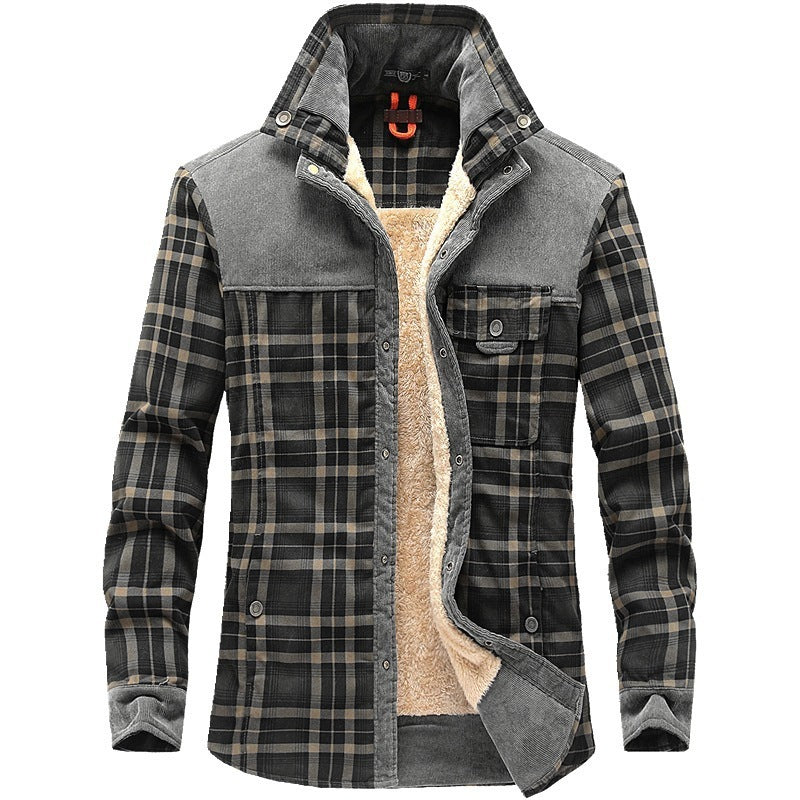 Men's Fleece-lined Thickened Long-sleeved Plaid Shirt Warm Business Casual Fashion Cotton Shirt Coat Men's Cross-border