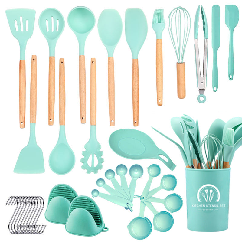 37 Pc Heat Resistant Silicone Kitchenware Set For Non-stick Cooking Spoon Shovel Wooden Handle Kitchen Utensil Set