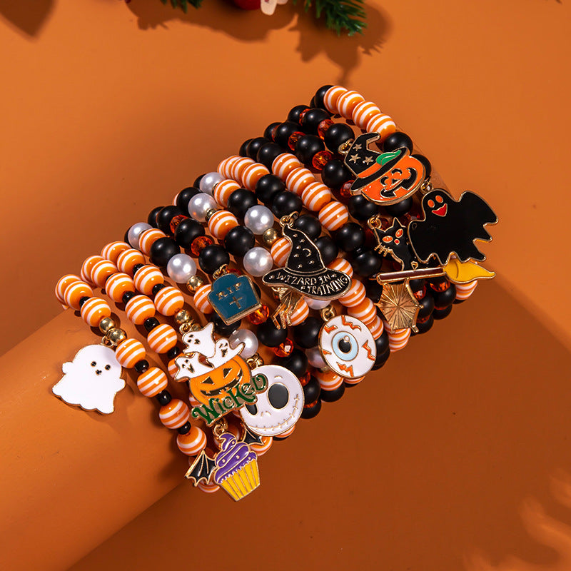 Halloween Bracelet Acrylic Beaded Bracelet Horror Ghost Spider Bracelet Devil's Eye Multi-Layer Stacked Bracelet