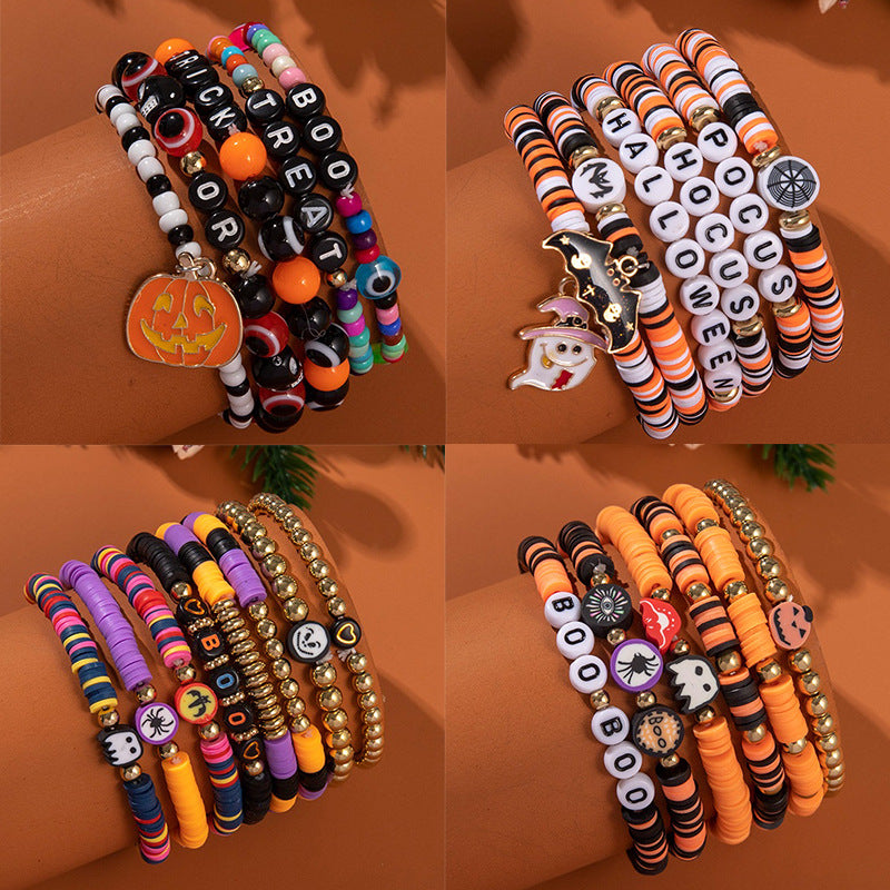 Halloween Bracelet Acrylic Beaded Bracelet Horror Ghost Spider Bracelet Devil's Eye Multi-Layer Stacked Bracelet