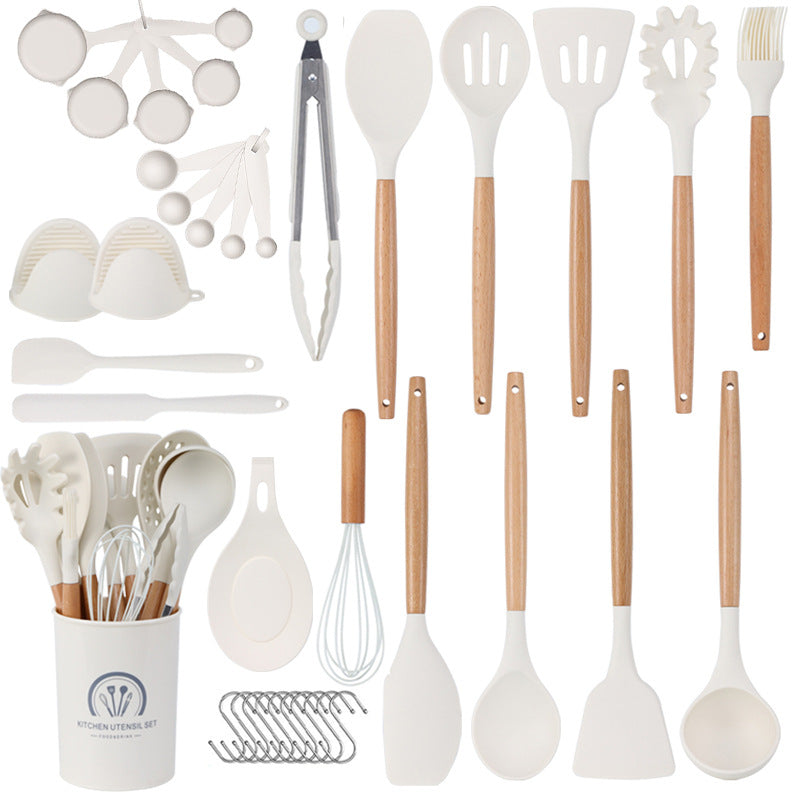 37 Pc Heat Resistant Silicone Kitchenware Set For Non-stick Cooking Spoon Shovel Wooden Handle Kitchen Utensil Set