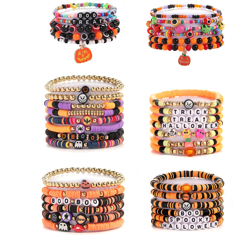 Halloween Bracelet Acrylic Beaded Bracelet Horror Ghost Spider Bracelet Devil's Eye Multi-Layer Stacked Bracelet