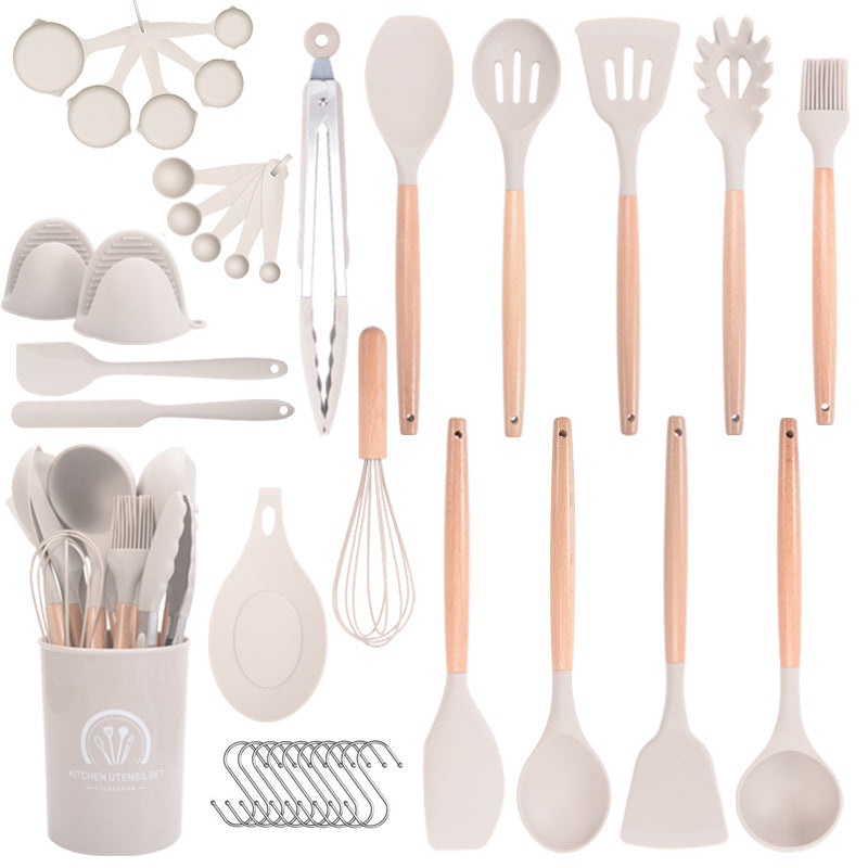 37 Pc Heat Resistant Silicone Kitchenware Set For Non-stick Cooking Spoon Shovel Wooden Handle Kitchen Utensil Set