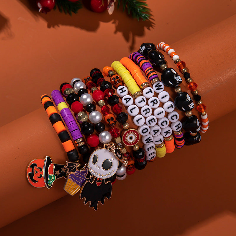 Halloween Bracelet Acrylic Beaded Bracelet Horror Ghost Spider Bracelet Devil's Eye Multi-Layer Stacked Bracelet