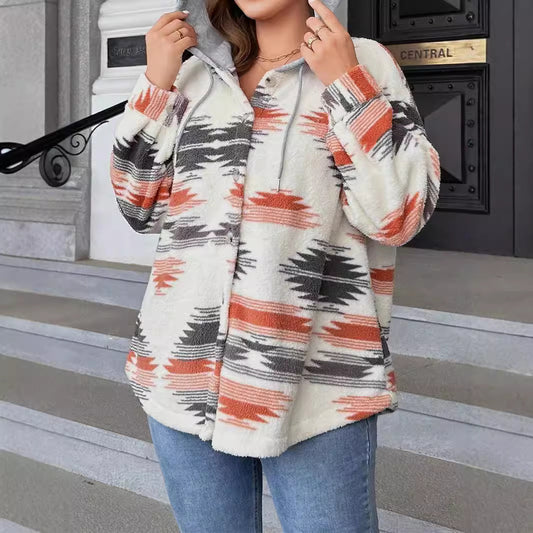 Ethnic Print Hooded Color Contrast Thick Jacket