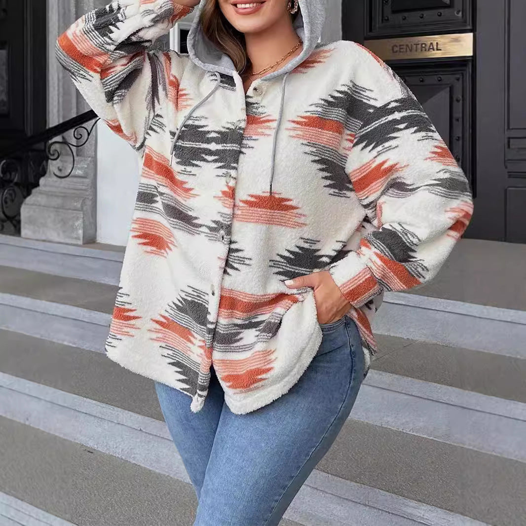 Ethnic Print Hooded Color Contrast Thick Jacket